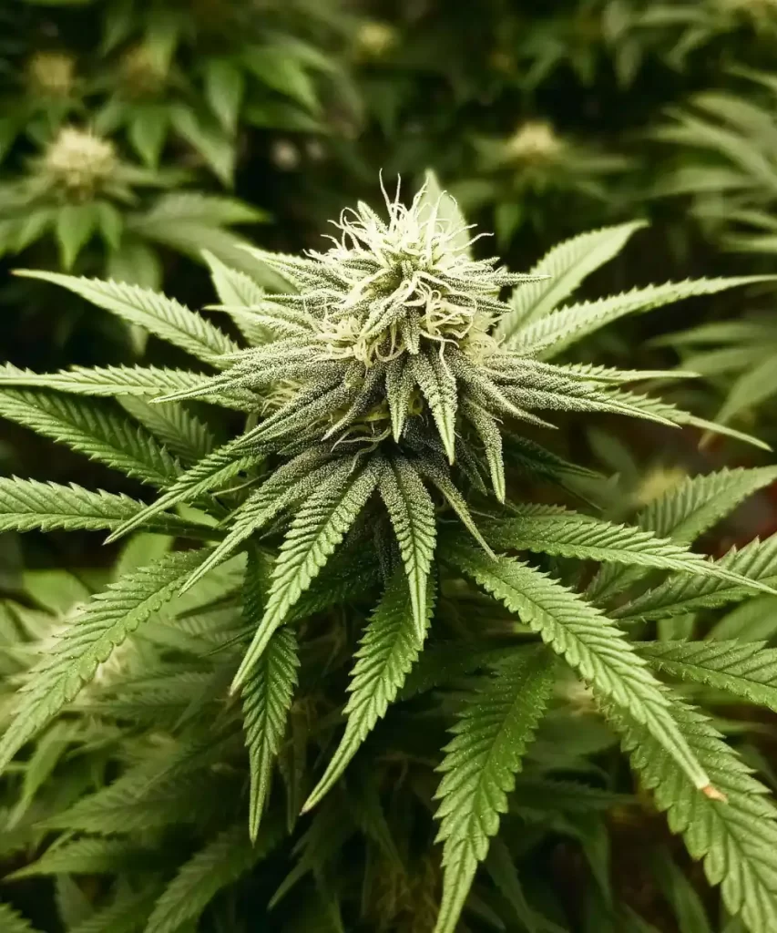 Gesunde 'American Pie 2.0 Feminized' Cannabis-Pflanze, die lebendige lila Blätter zeigt und auf robustes Wachstum sowie genetische Vitalität hinweist.