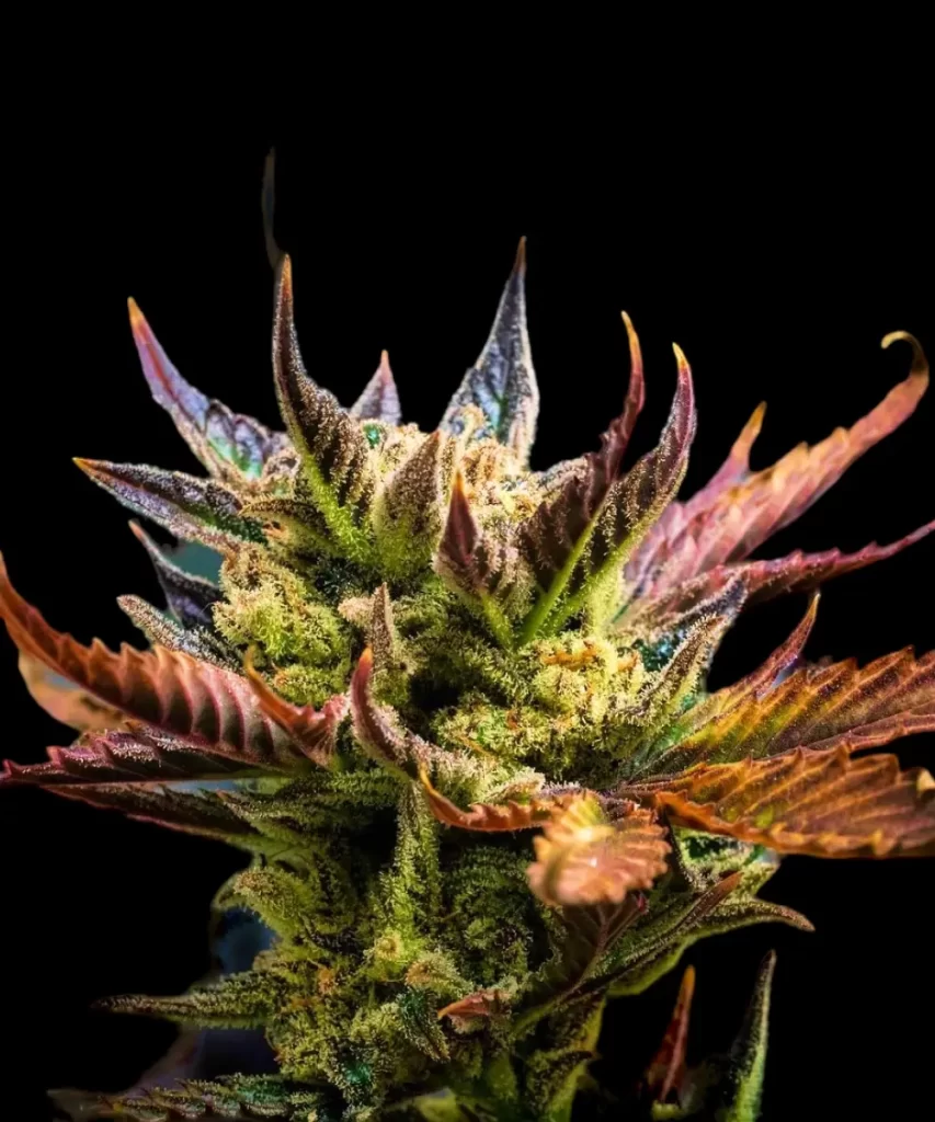 Close-up view of 'Juicy Pussy Auto' cannabis strain, highlighting its distinctive purple leaves, a trait symbolizing its unique genetic qualities Nahaufnahme der lila Blätter der Juicy Pussy Auto, die die lebendige Farbgebung und die charakteristischen Merkmale der Pflanze hervorhebt.